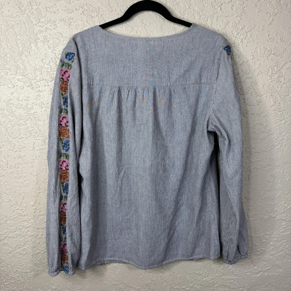 Sundance Striped Floral Embroidered Top Womens Lg Bohemian Peasant Boho Buttons - Picture 2 of 10
